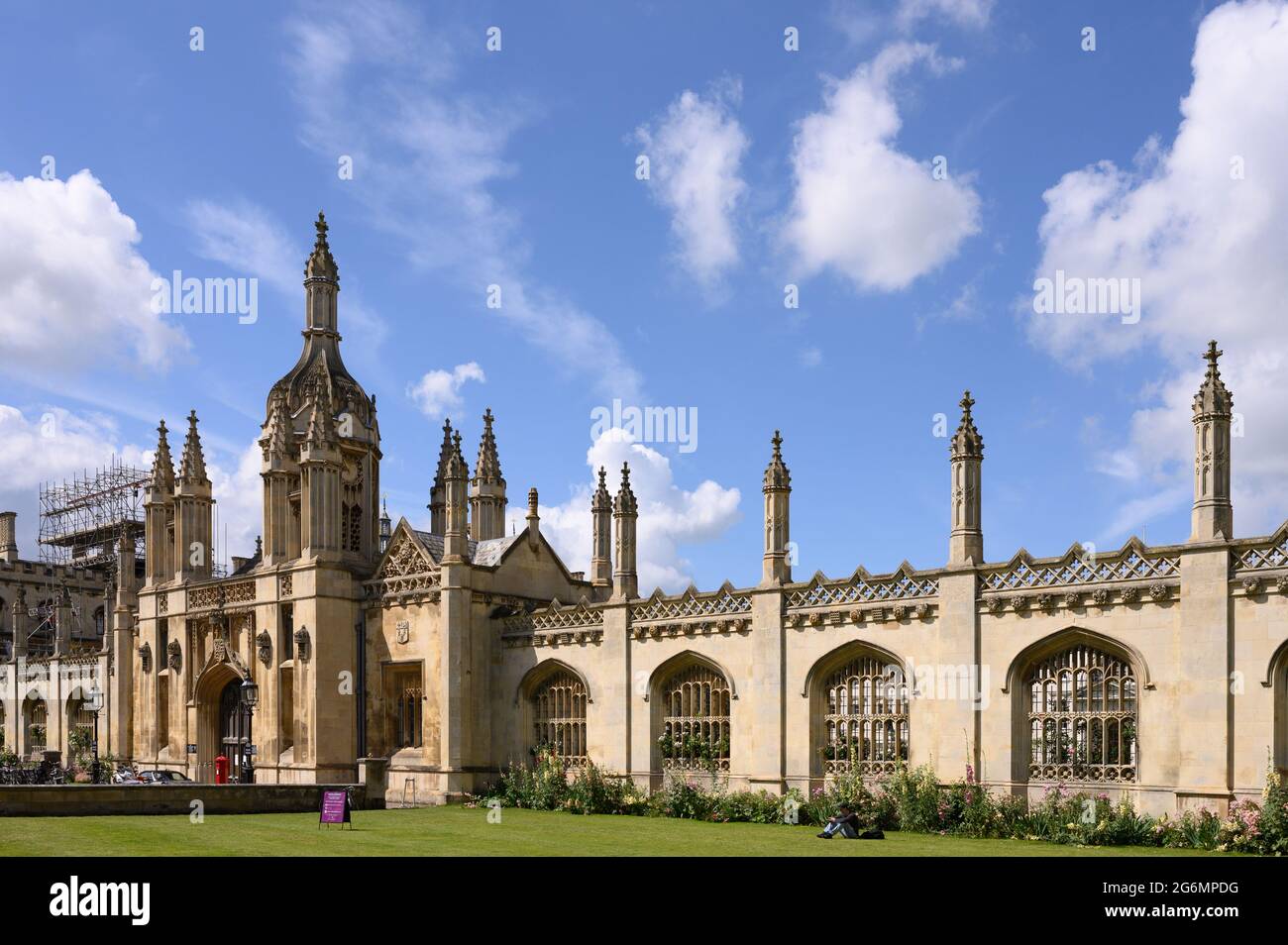 King's College Cambridge with a blue sky and white fluffy clouds. Stock Photo