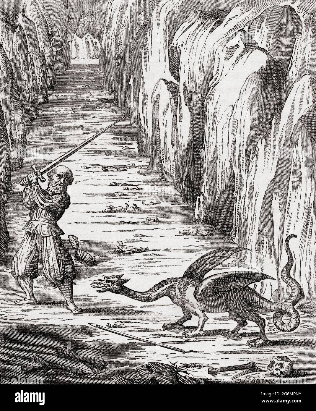 Dragon of the caverns of Mount Pilatus, Lucerne, Switzerland. A medieval legend tells of dragons with healing powers living on the mountain. After a facsimile taken from the Mundus Subterraneus of the Reverend Father Kircher.  From The Universe or, The Infinitely Great and the Infinitely Little, published 1882. Stock Photo