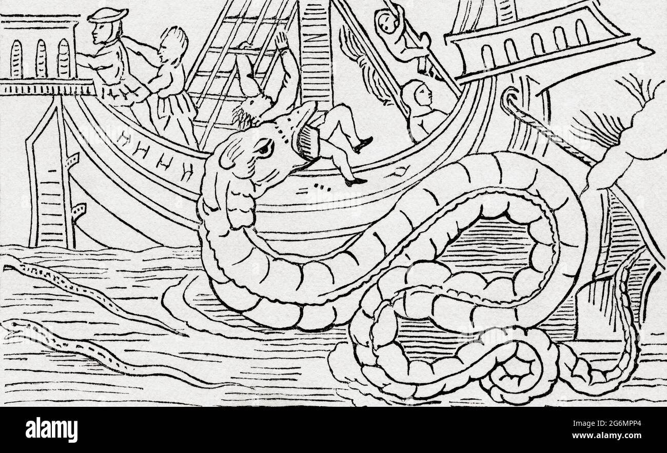Man being eaten by a sea serpent.  After a facsimile from Olaus Magnus: De Gentibus Septentrionalibus, 1555.  From The Universe or, The Infinitely Great and the Infinitely Little, published 1882. Stock Photo