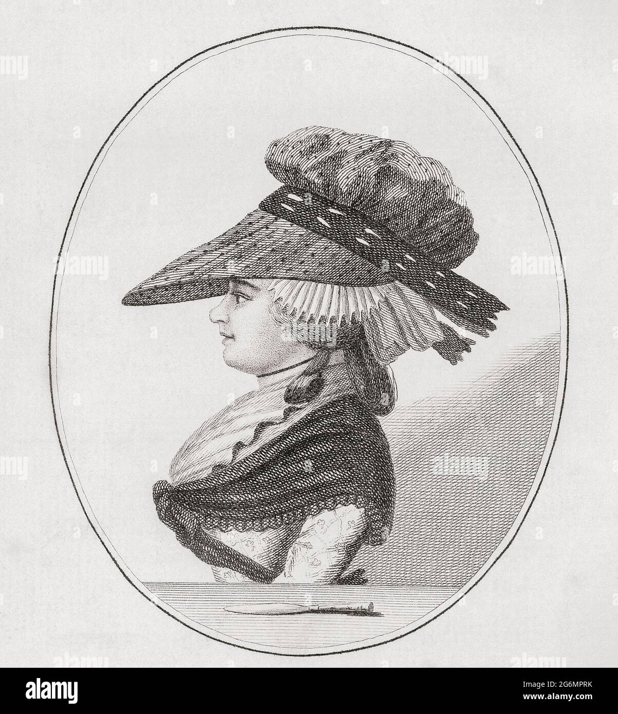 Margaret Nicholson, c. 1750 – 1828.  Englishwoman who attempted to assassinate King George III with a dessert knife in 1786.  The King was uninjured.  Nicholson apparently considered herself heir to the throne.  She was certified insane and committed to Bethlem Royal Hospital where she died 42 years later.  After a contemporary print by an unknown artist. Stock Photo