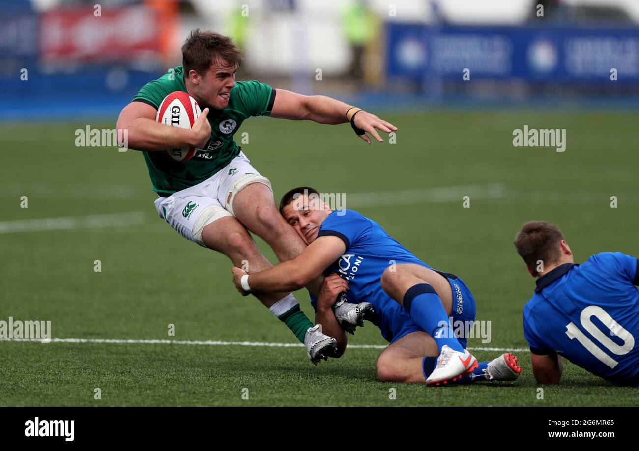 Italy’s Drago Filippo tackles Ireland’s Alex Kendellen during the Under 20s Six Nations match at Cardiff Arms Park, Cardiff. Picture date: Wednesday July 7, 2021. Stock Photo