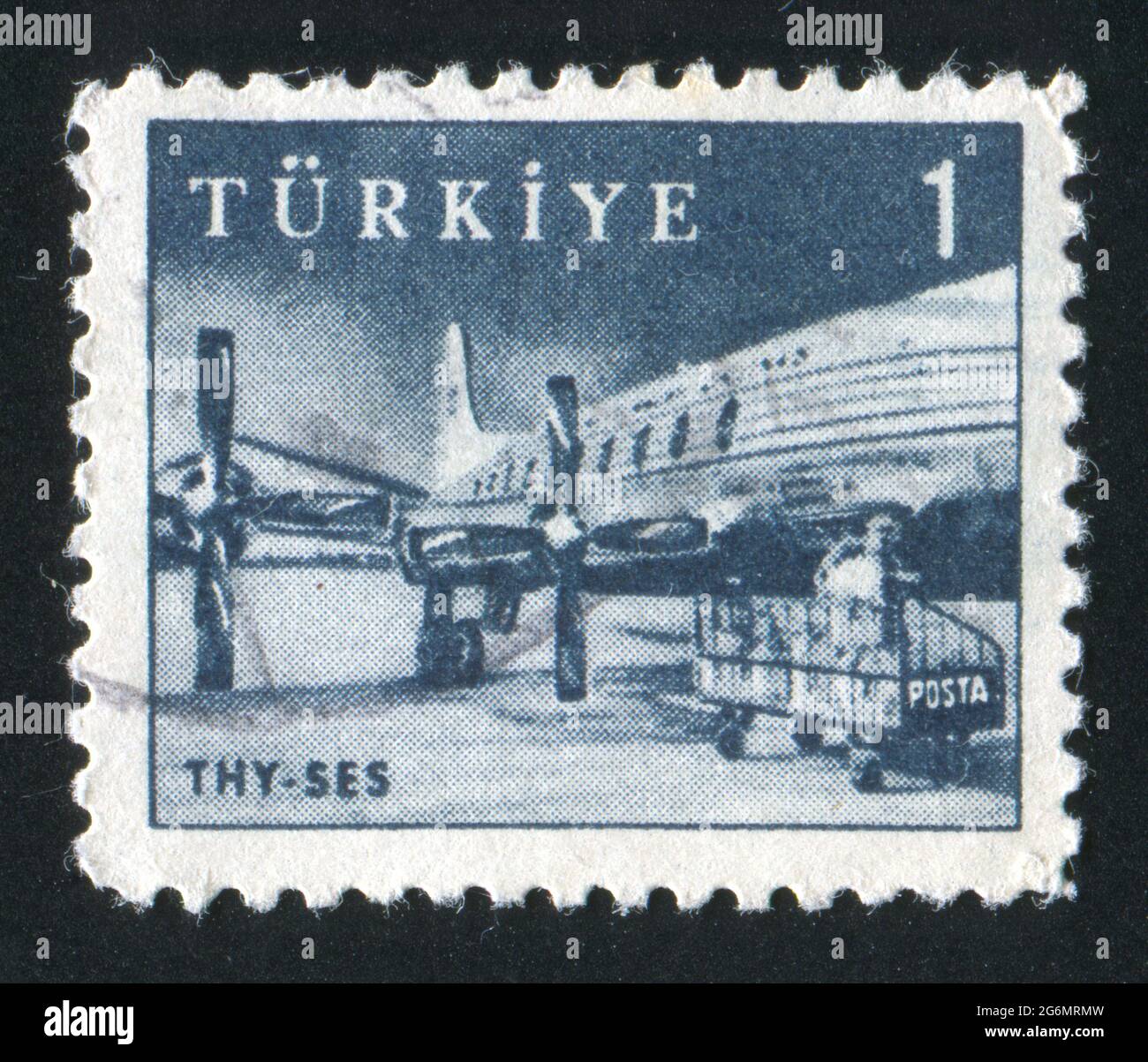 TURKEY - CIRCA 1959: stamp printed by Turkey, shows Turkish Airlines SES plane, circa 1959 Stock Photo