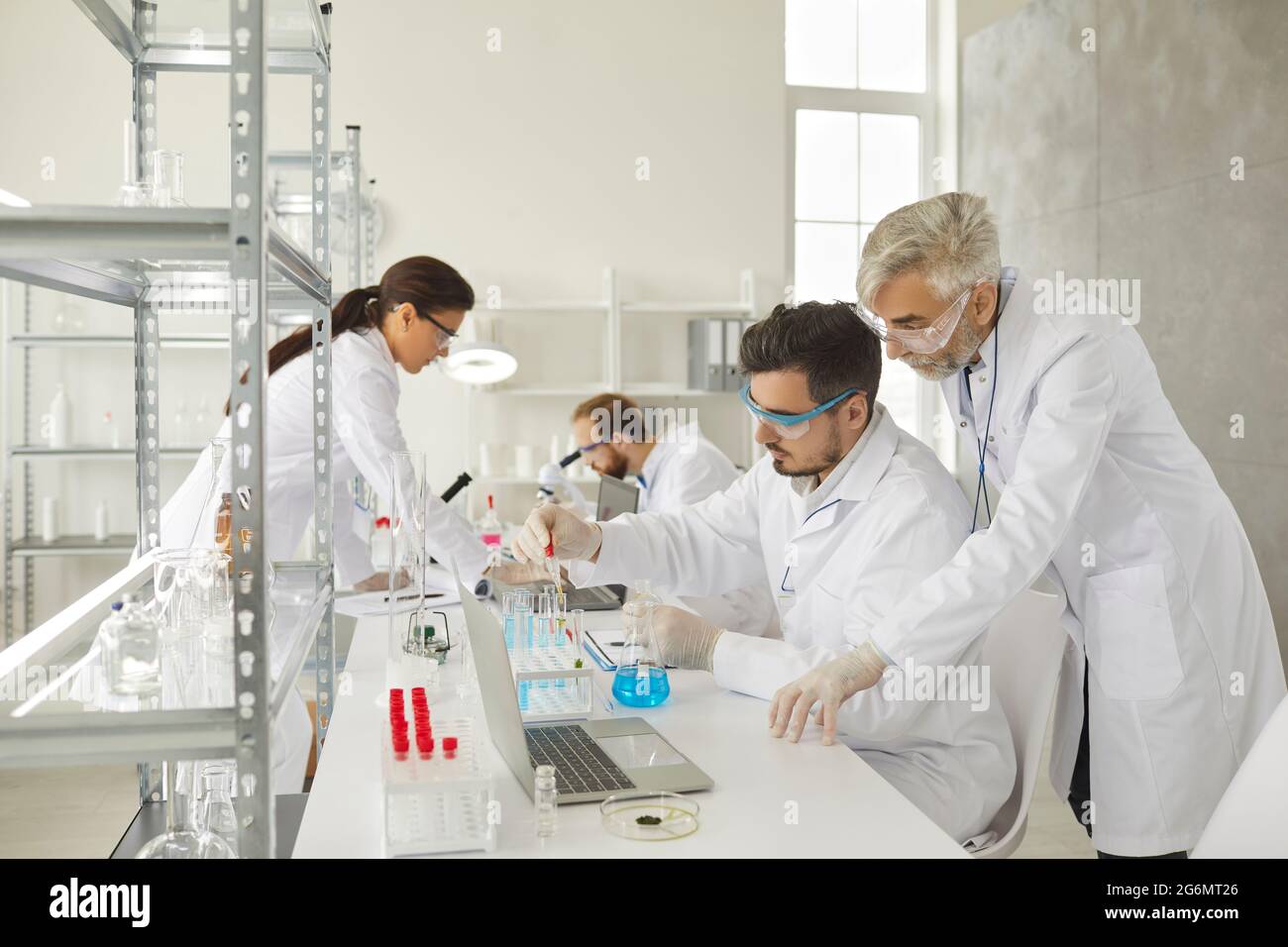 Young and senior adult male scientific researchers working in modern laboratory Stock Photo