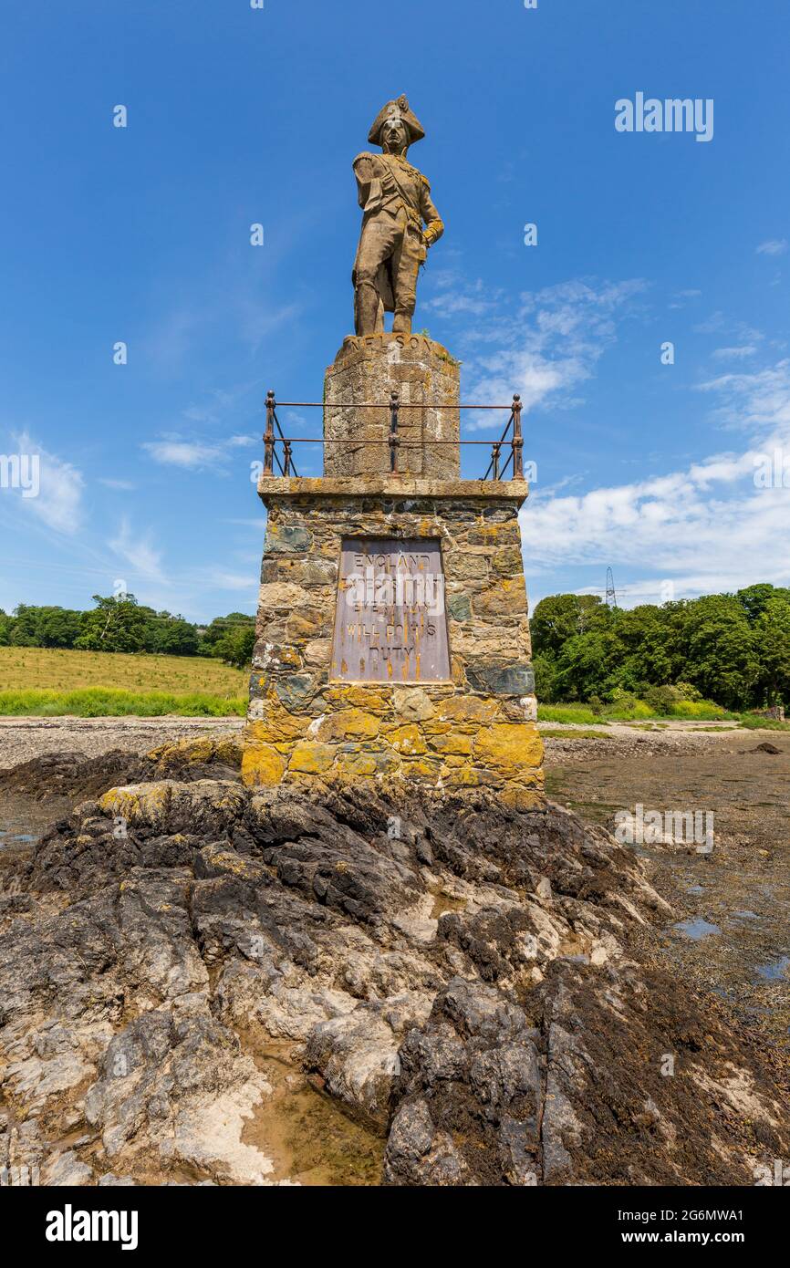 Nelson's Statue on the Wales Coast Path along the Menai Strait, Anglesey, North Wales Stock Photo