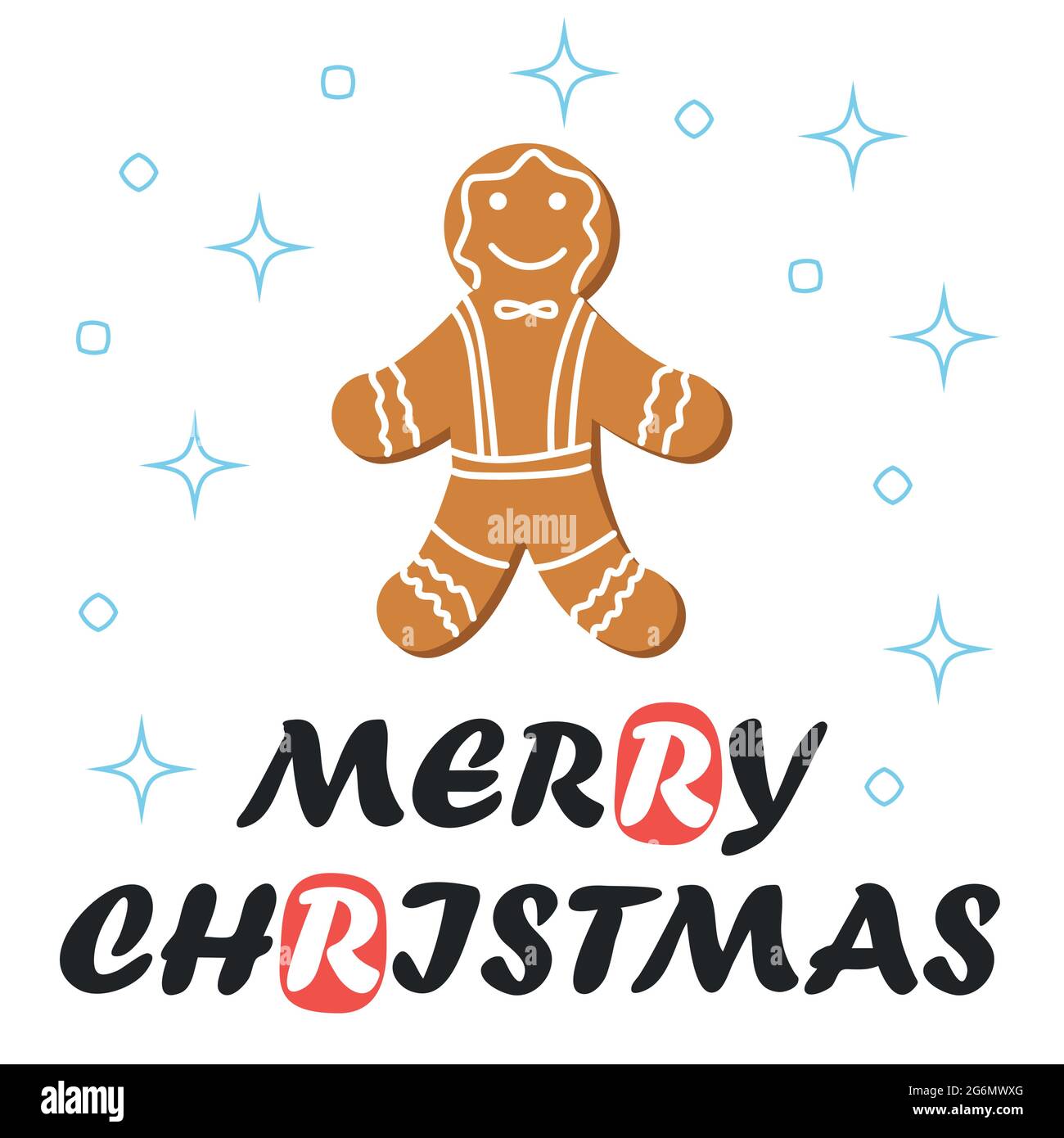 Christmas and New Year's minimal simple postcard with gingerbread man and greeting text. Stock Vector