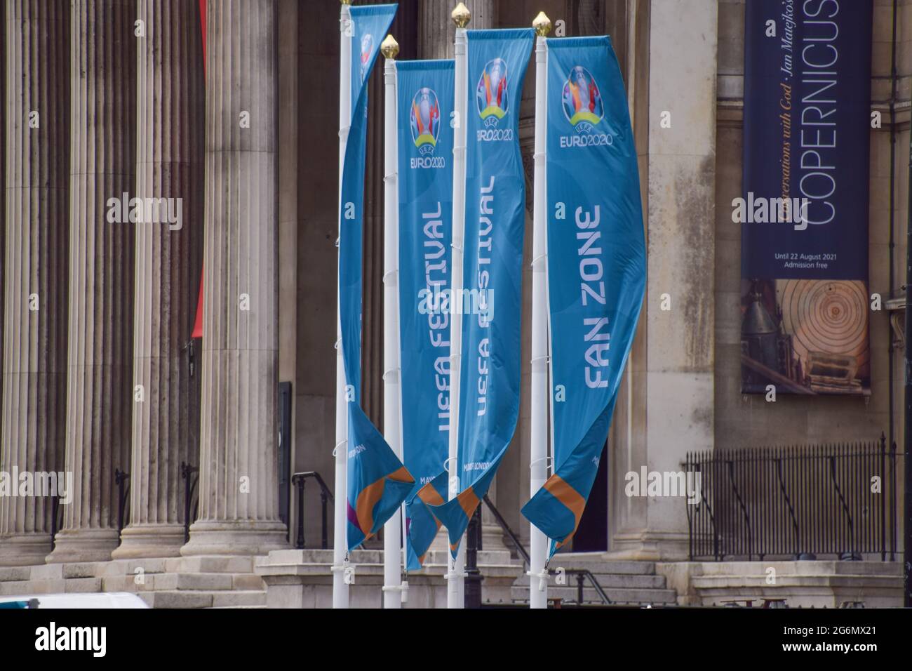 London, United Kingdom. 7th July 2021. Fan Zone banners at Trafalgar