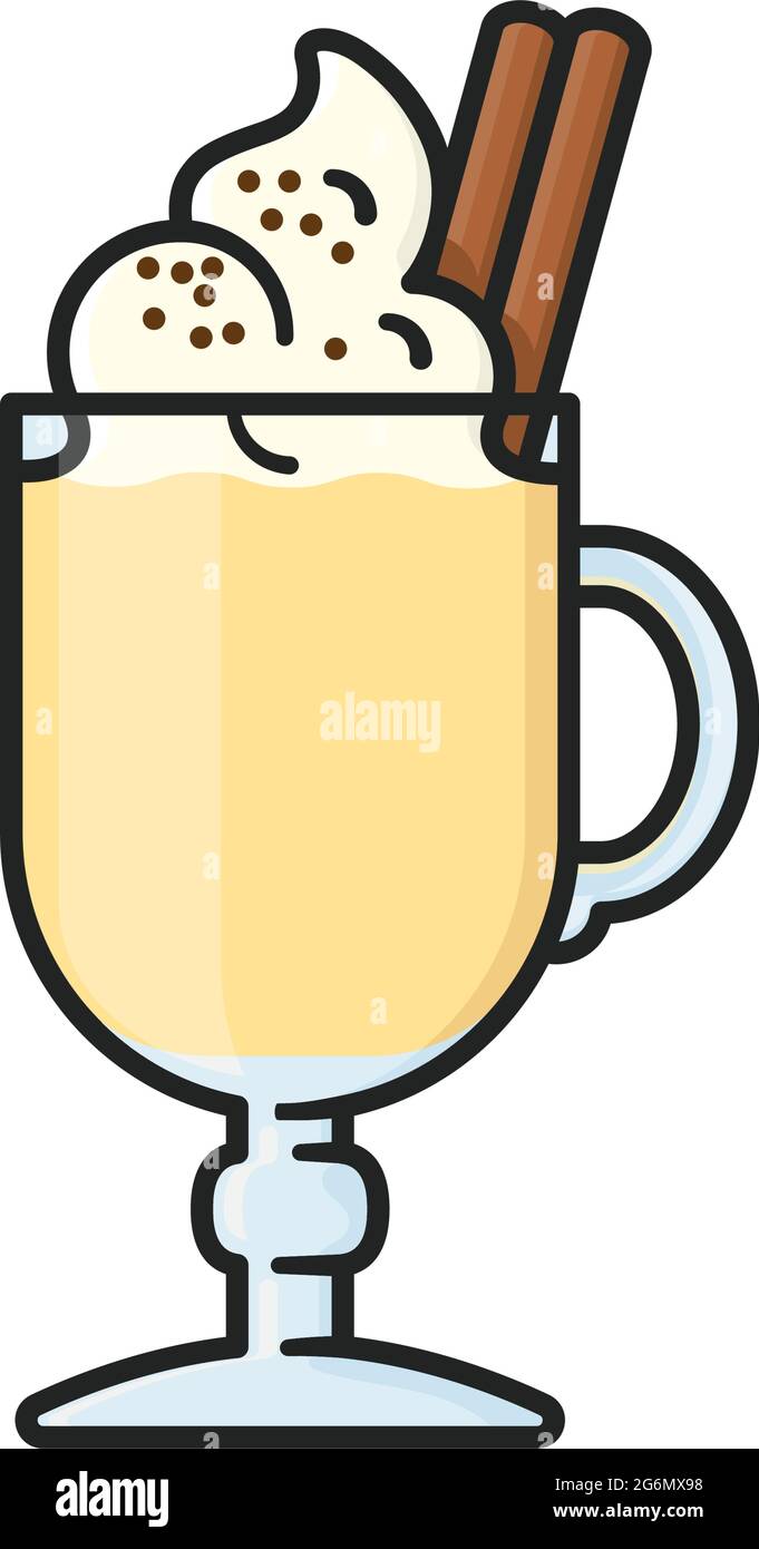 Glass of Eggnog with whipped cream, cinnamon stick and cocoa isolated