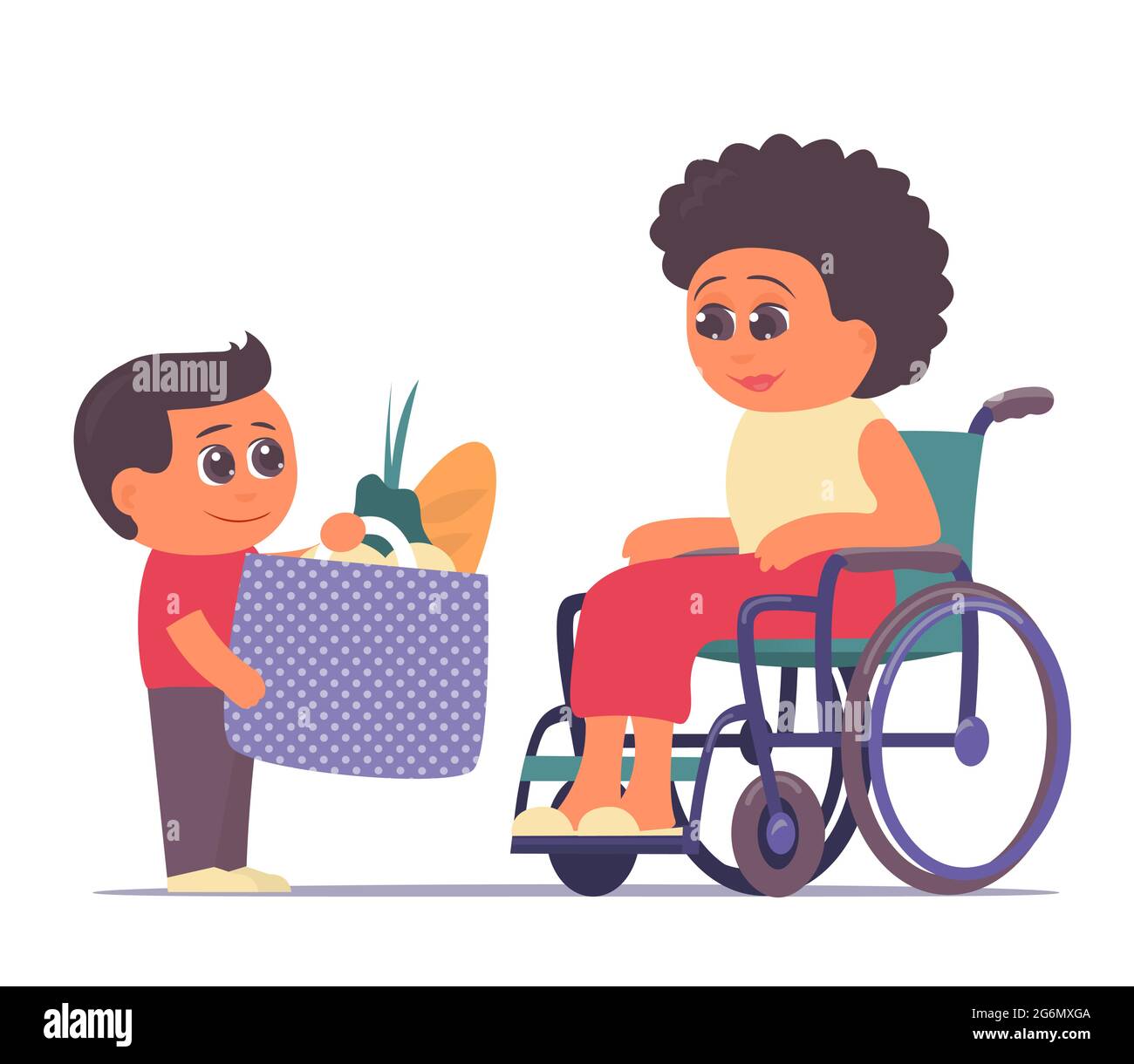 A little grandson brought food to his grandmother in a wheelchair. Caring for and helping the elderly. Family values. Vector isolated cartoon illustra Stock Vector
