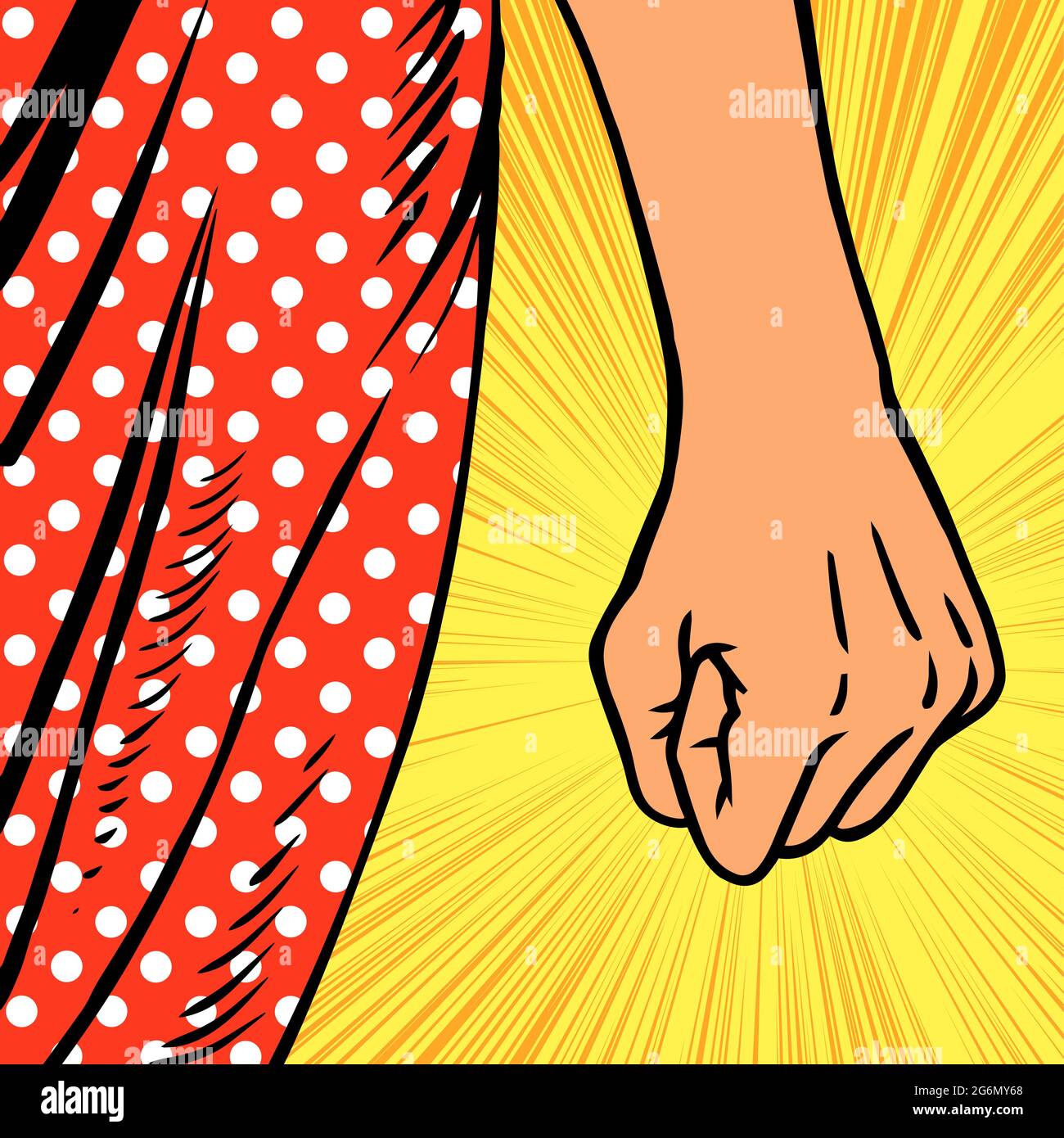 Angry fist of a woman. Red dress. Concept of female emotions and feelings. Protest, discontent, anger and use of force. Vector cartoon colorful illust Stock Vector