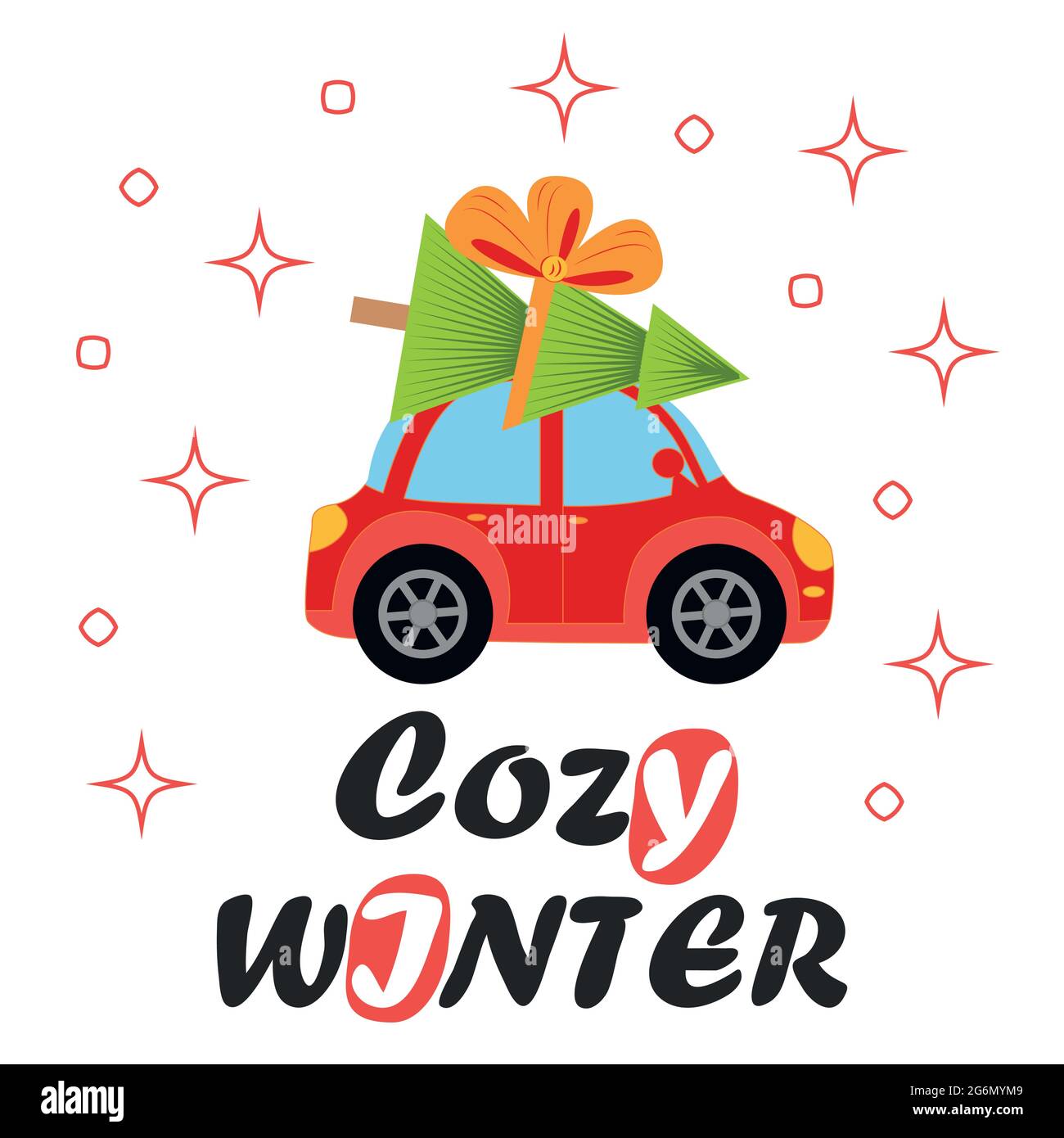 Greeting card with red retro car with christmas tree on the roof. Merry christmas and happy new year illustrations. Stock Vector