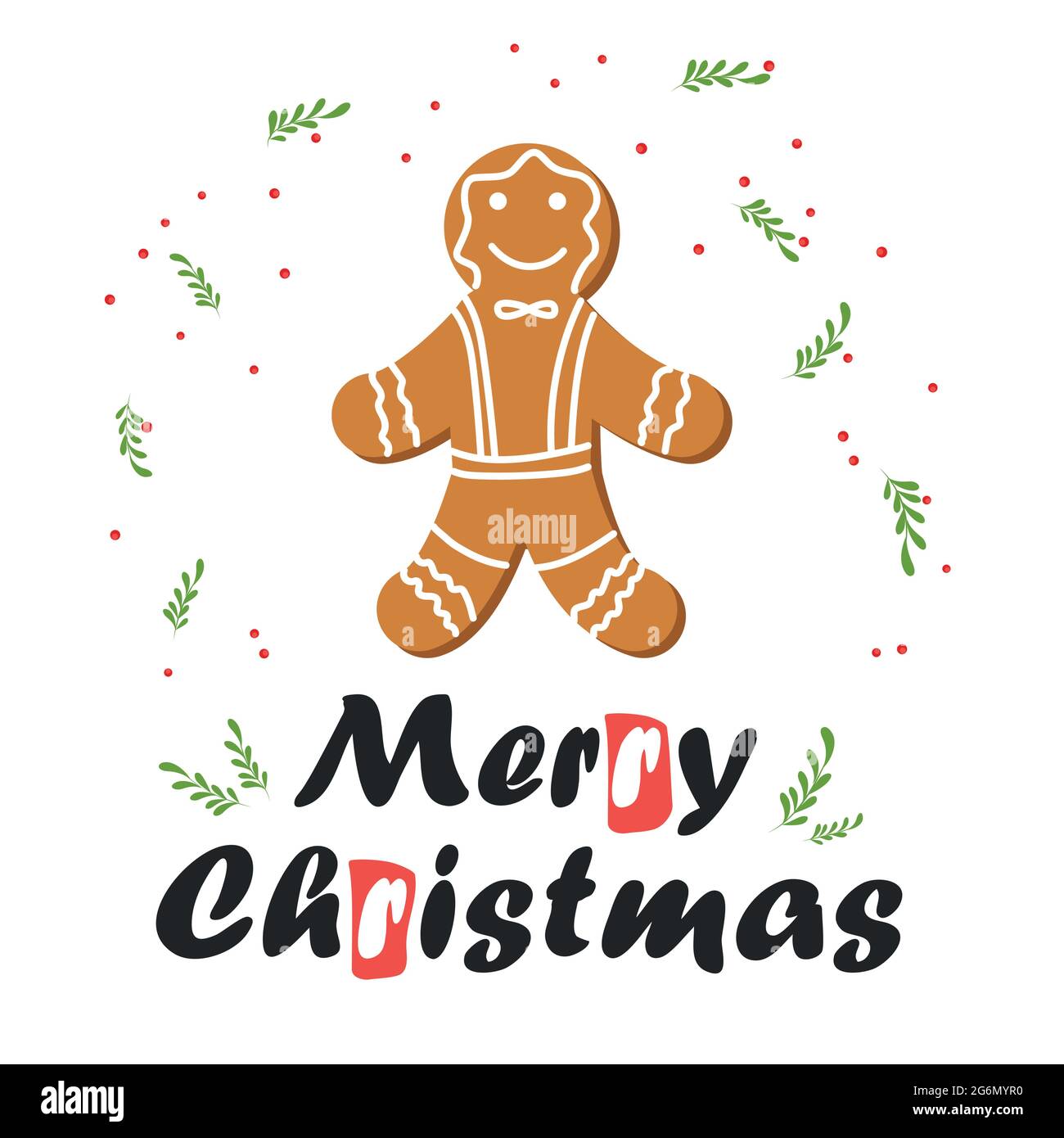 Christmas and New Year's minimal simple postcard with gingerbread man and greeting text. Stock Vector