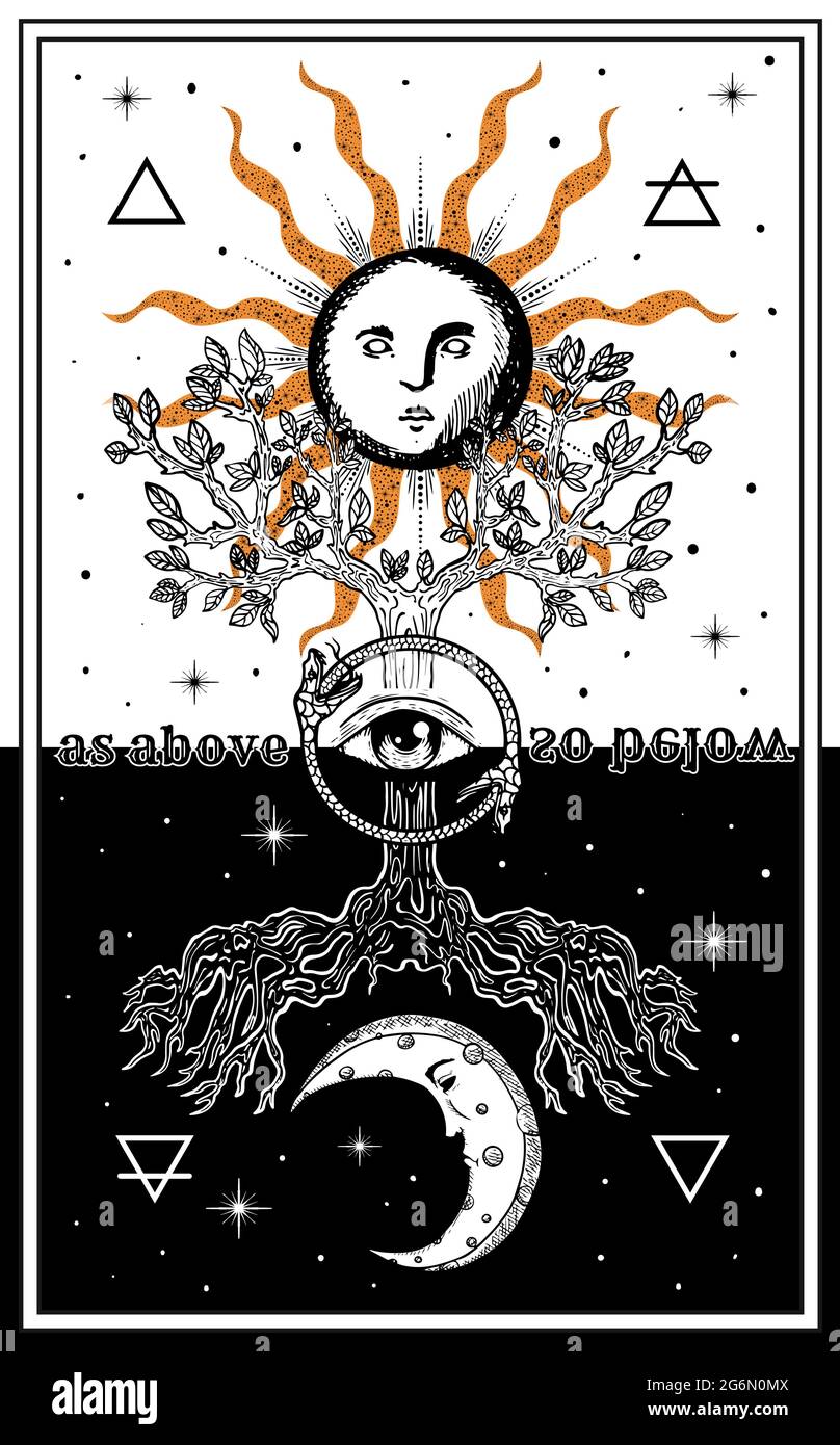 as above so below tarot card with sun and moon Stock Vector