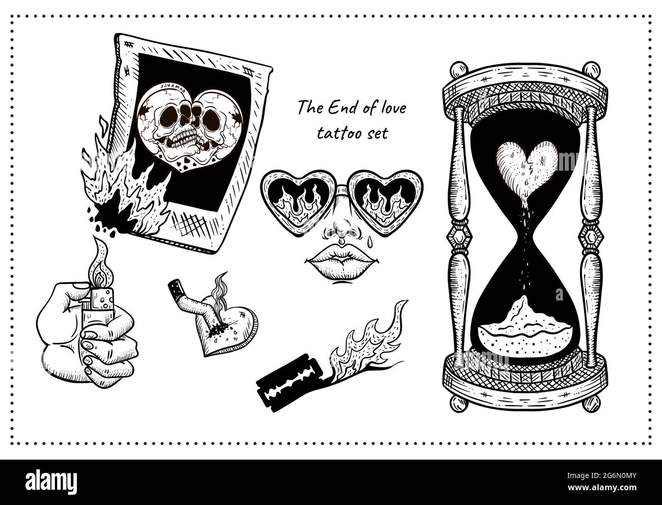 the end of love tattoo set: skull, fire, blade, hourglass, skull, fire, blade, hourglass, tears Stock Vector