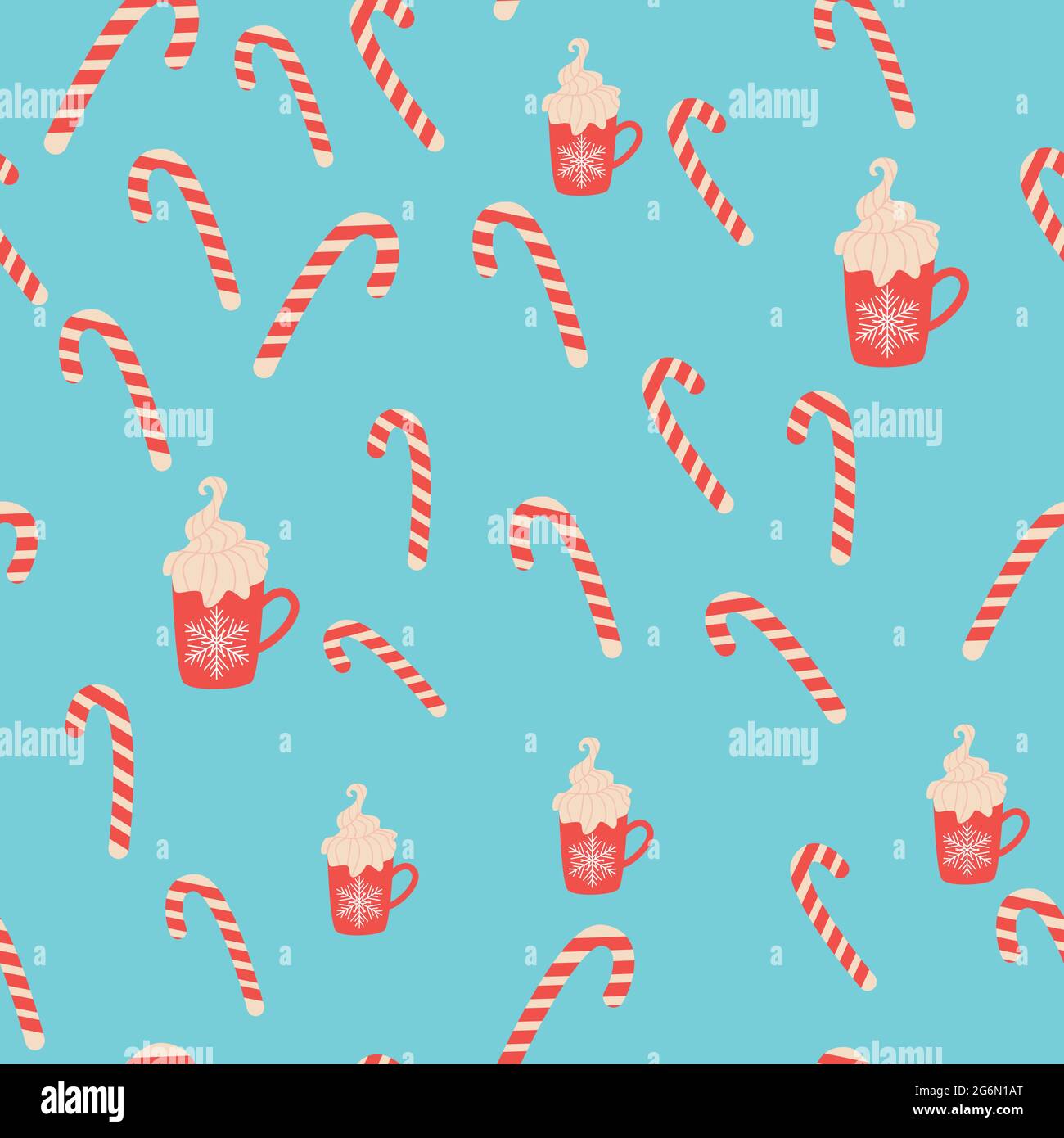 Seamless pattern for Christmas with cane lollipop, cup of cocoa. Winter holiday, cooking, new year's eve. Stock Vector