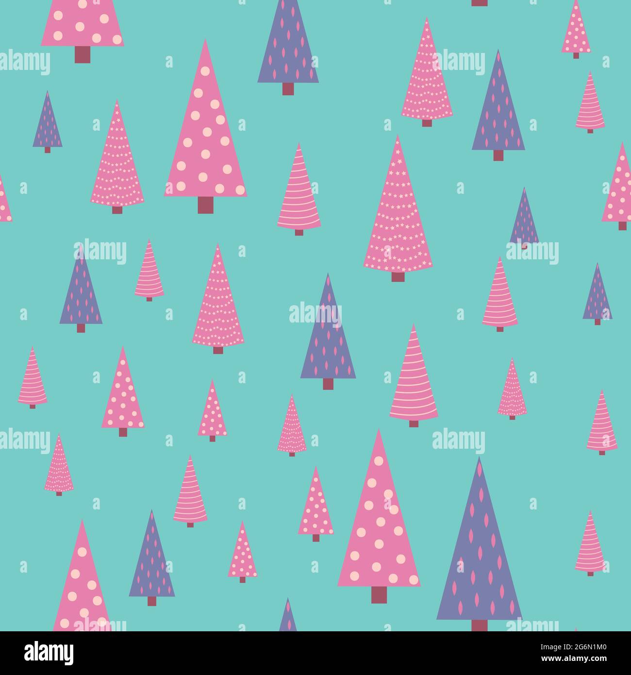 Seamless repeating pattern with textured Christmas trees in violet, pastel pink colors on gray, blue, turquoise. Modern and original holiday textiles, Stock Vector