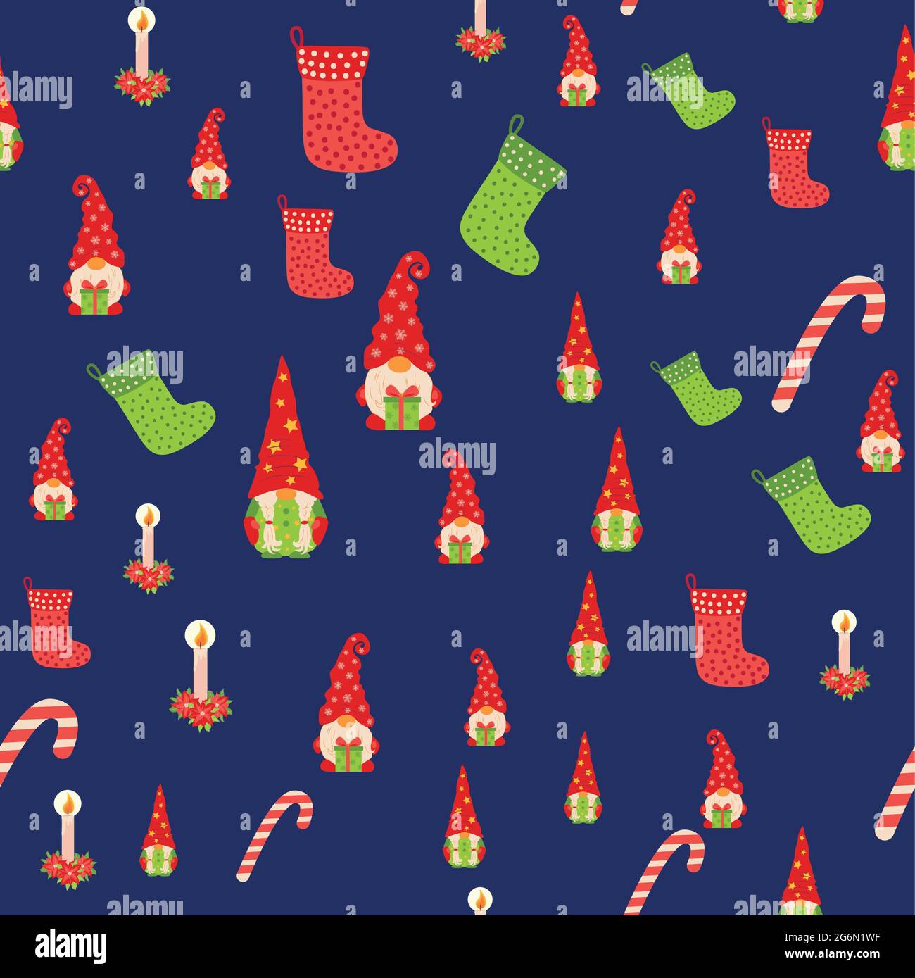 Christmas background with gnomes, candy cane and stockings. wrapping paper and background image Stock Vector