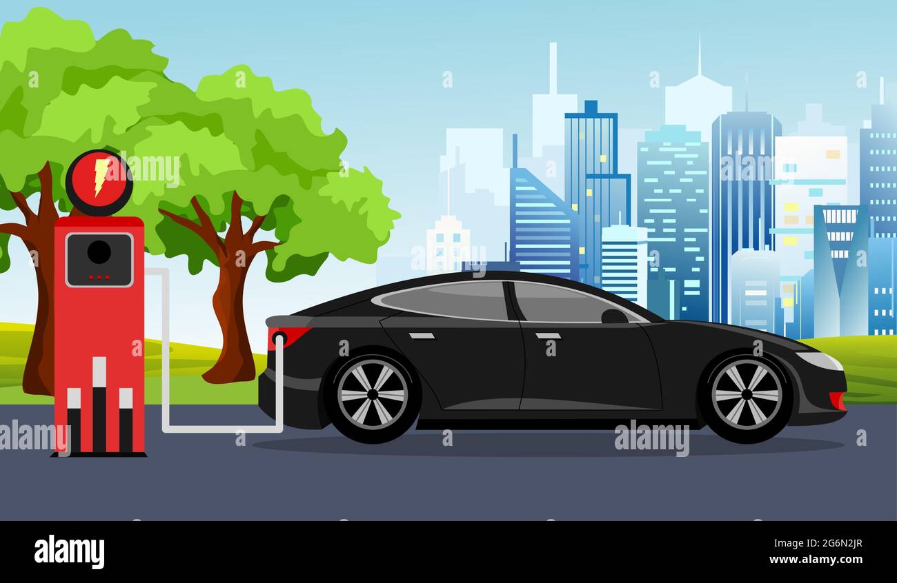 Vector illustration of black electric car and charging station green tree, sun, blue sky background. Vector Electric car infographic concept. Stock Vector