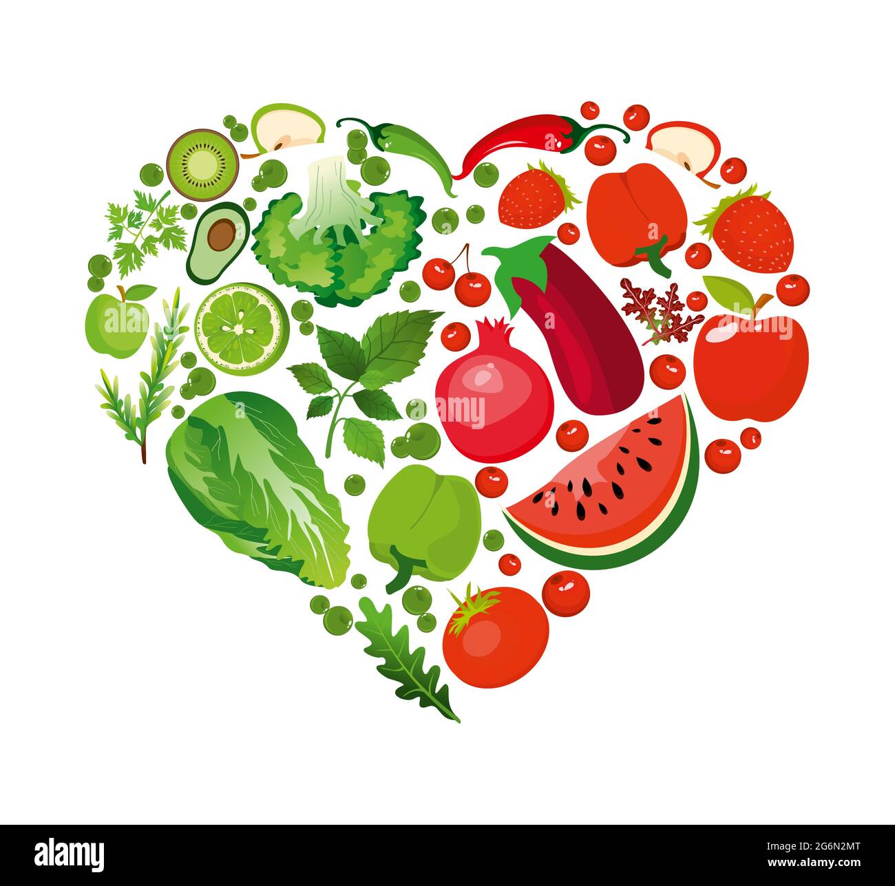 Vector illustration heart shape of red fruits and vegetables. Healthy nutrition organic concept in flat style. Stock Vector