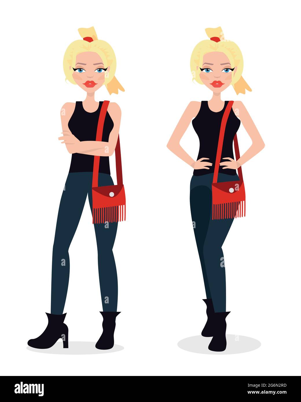 Vector illustration of a beautiful blonde girl in flared jeans, punk, fashion girl, in casual outfit. Flat style. Stock Vector