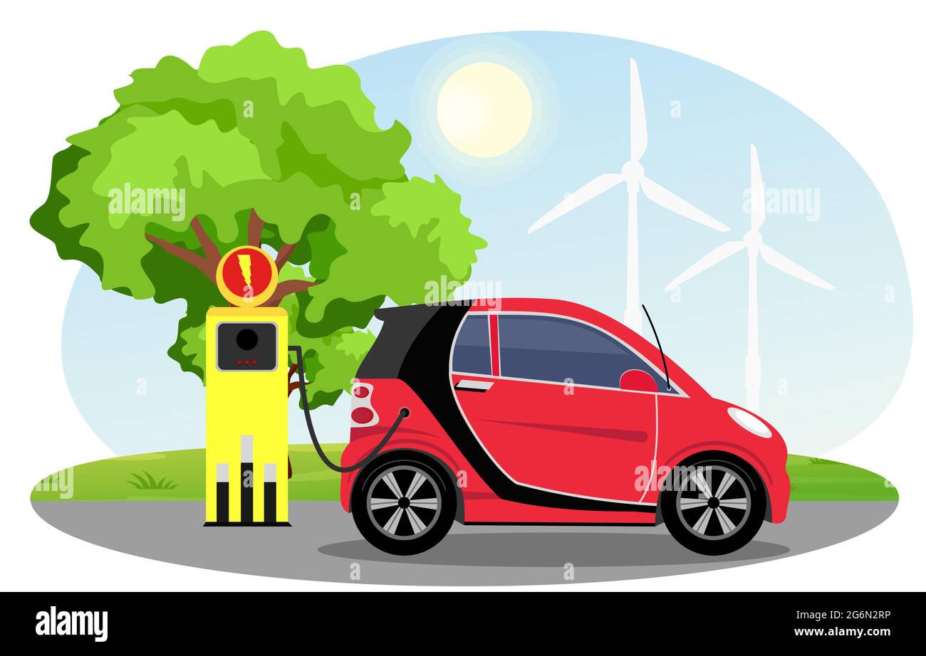 Vector illustration of electric car red color on charging station with windmills, green tree, sun, blue sky background. Vector Electric car Stock Vector