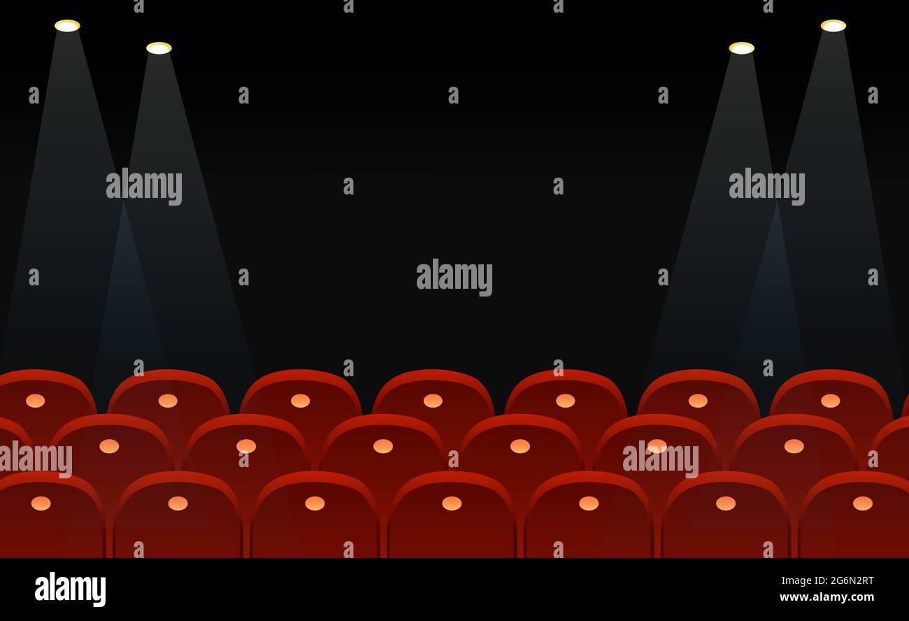 Vector illustration of cinema seats in front of black screen with place for text and lights space in flat style. Stock Vector