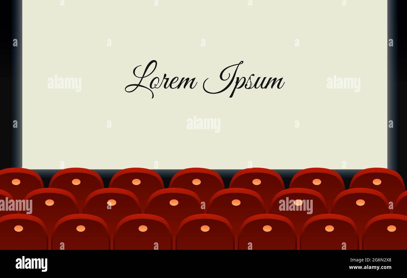 Vector illustration cinema hall with glowing blank screen with place for text and empty red seats in line style. Stock Vector