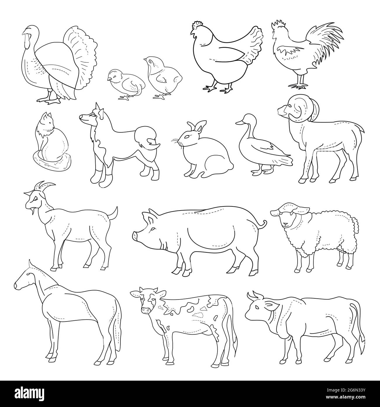 Vector illustration of outline figures of farm animals. Animals in line style on white background. Stock Vector