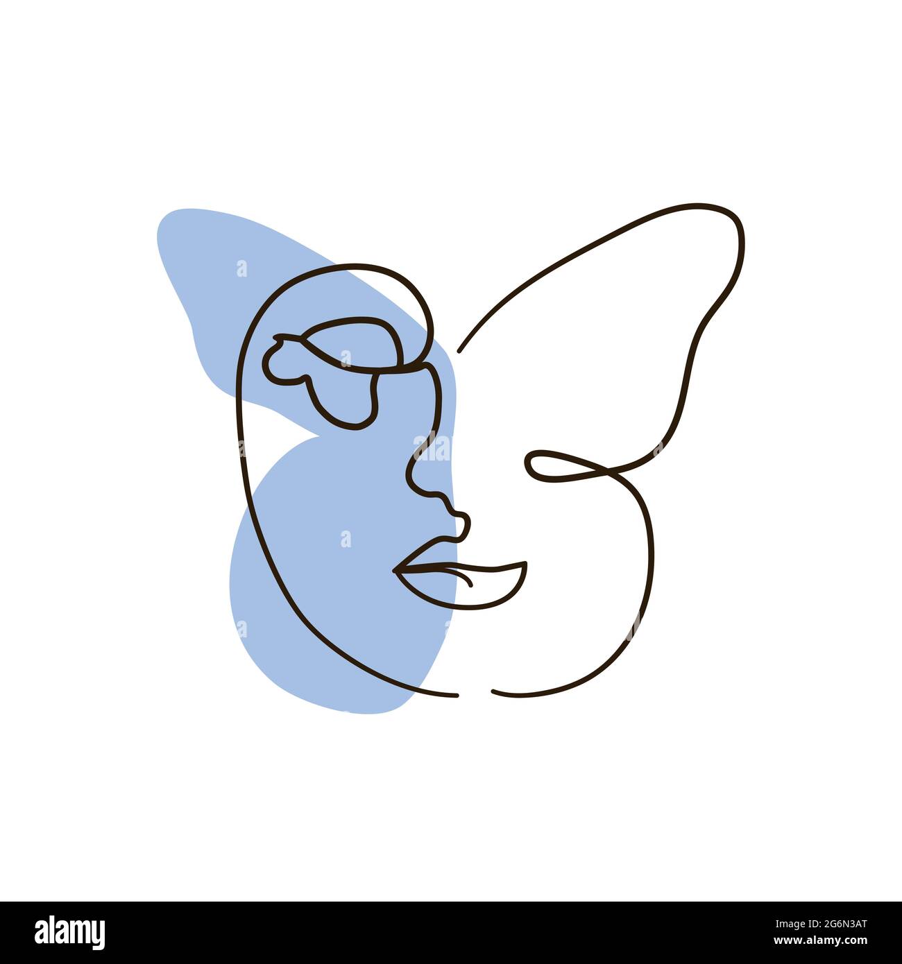 Women face with butterfly one line drawing. Abstract minimal portrait continuous line. Stock Vector