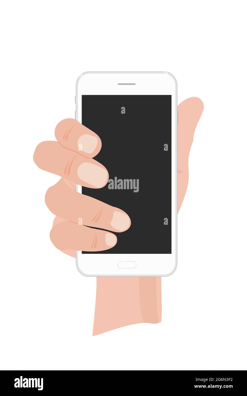 Vector illustration of hand holding white phone on white background in ...