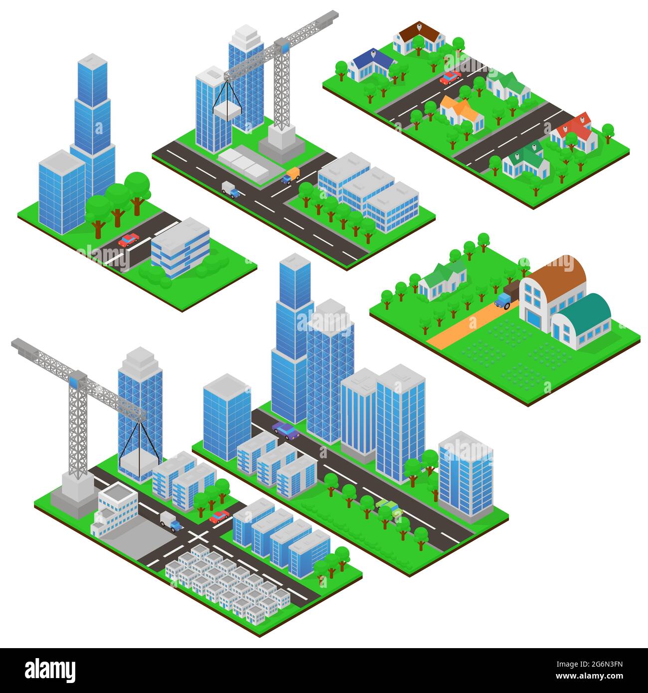 Isometric buildings and building constructions with trees and roads. Public buildings, country houses, living complexes and skyscrapers in 3d in Stock Vector