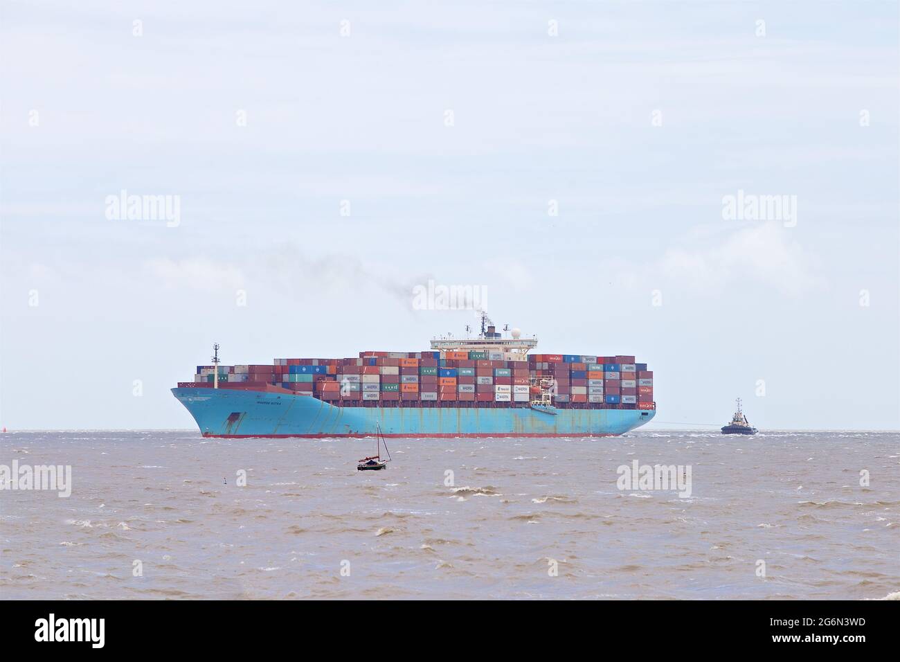 Container ship Maersk Kotka entering the Port of Felixstowe, Suffolk, UK. Stock Photo