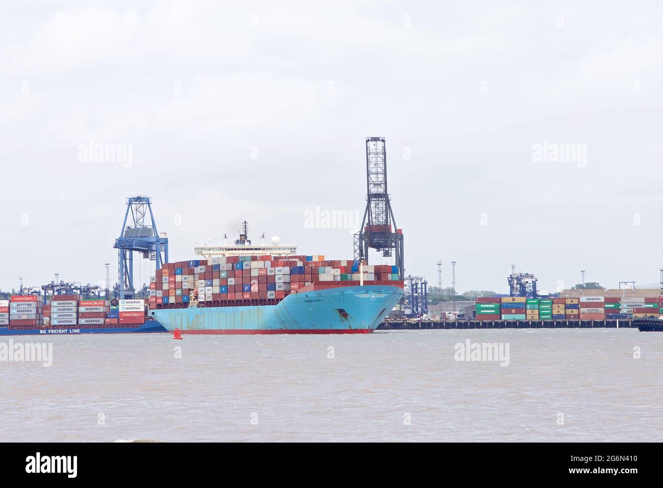 Container ship Maersk Kotka docking at the Port of Felixstowe, Suffolk, UK. Stock Photo