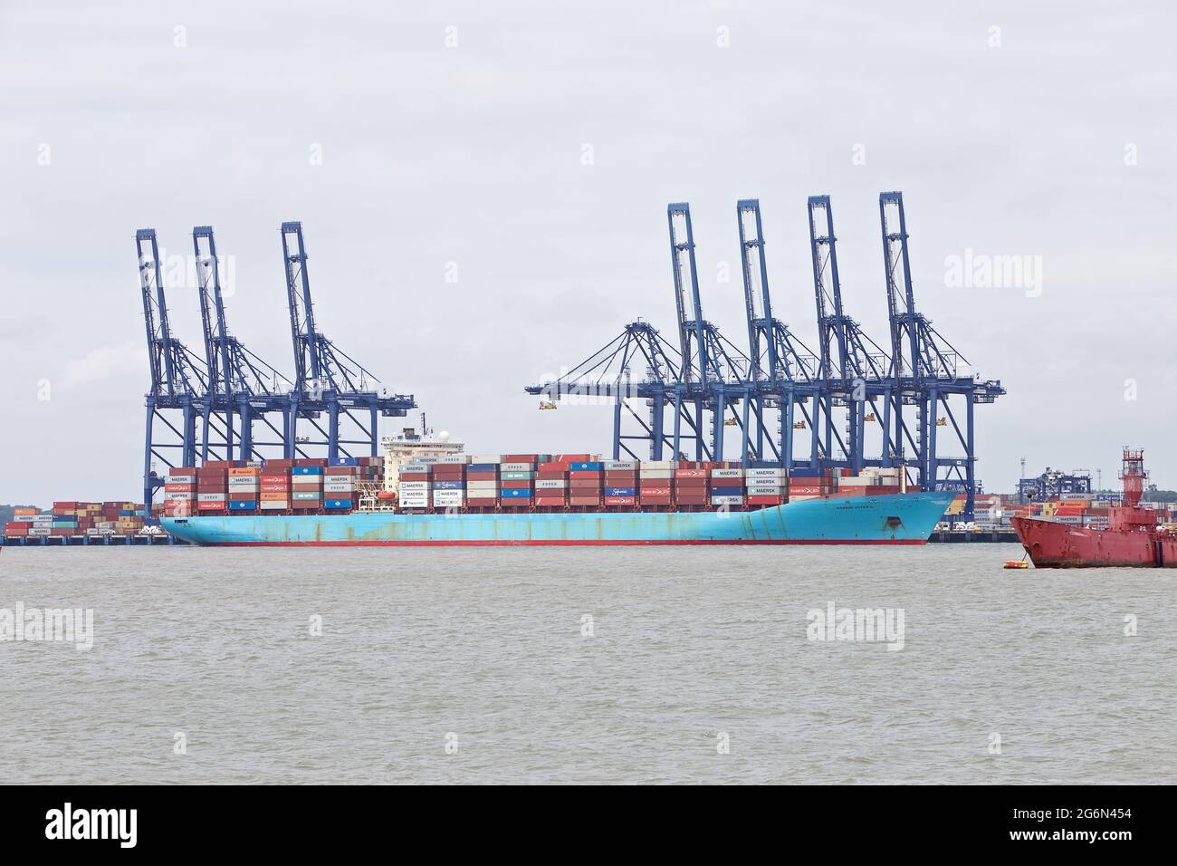 Container ship Maersk Kotka moored at the Port of Felixstowe, Suffolk, UK. Stock Photo