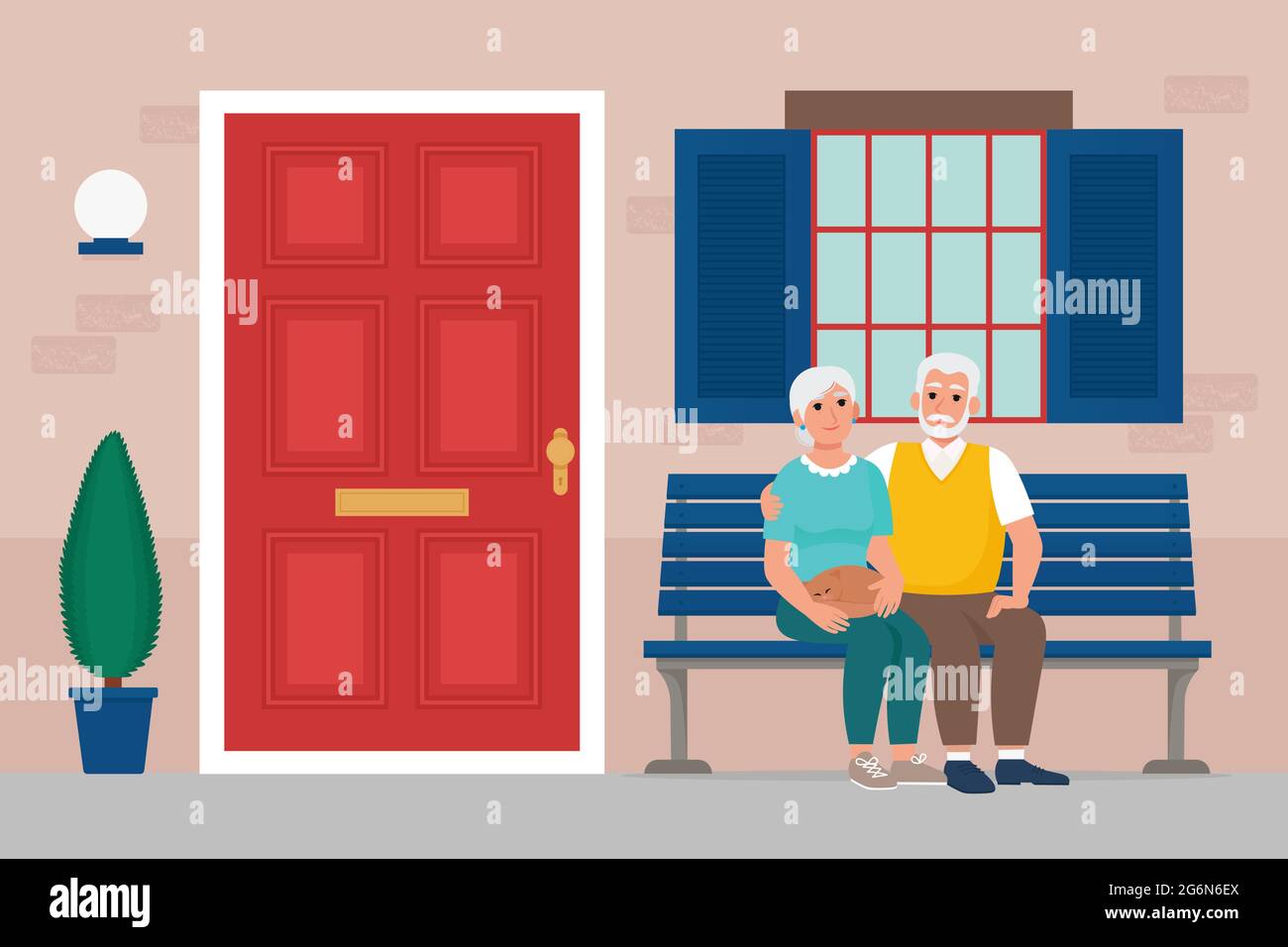 Cute elderly couple sitting on the bench near the house. Nursing home, time to retire, stay home concept. Vector illustration in flat style Stock Vector