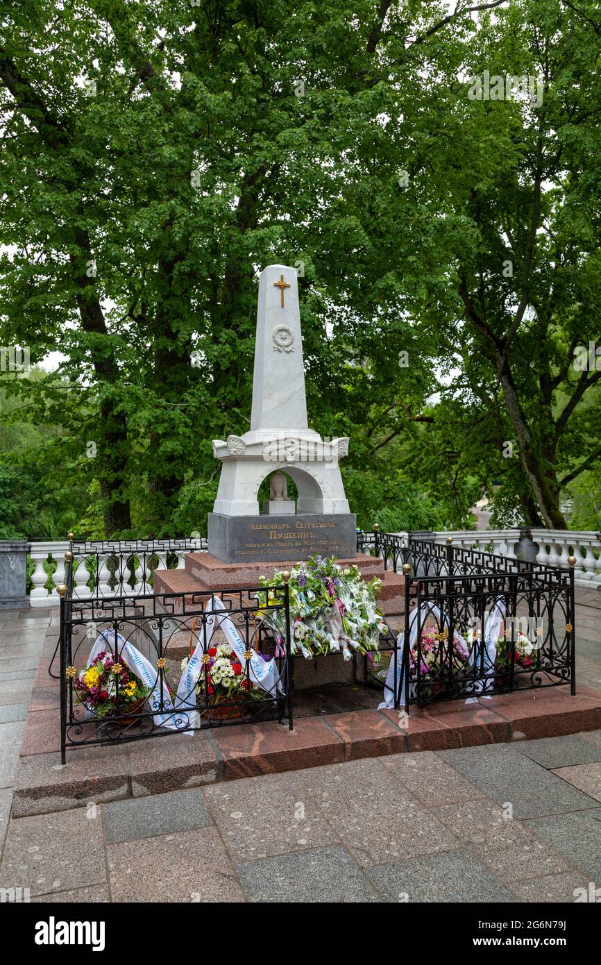 The tomb of Alexander Pushkin in Svyatogorsky Monastery, Pushkinskiye Gory, Pskov Oblast, Russia. Stock Photo