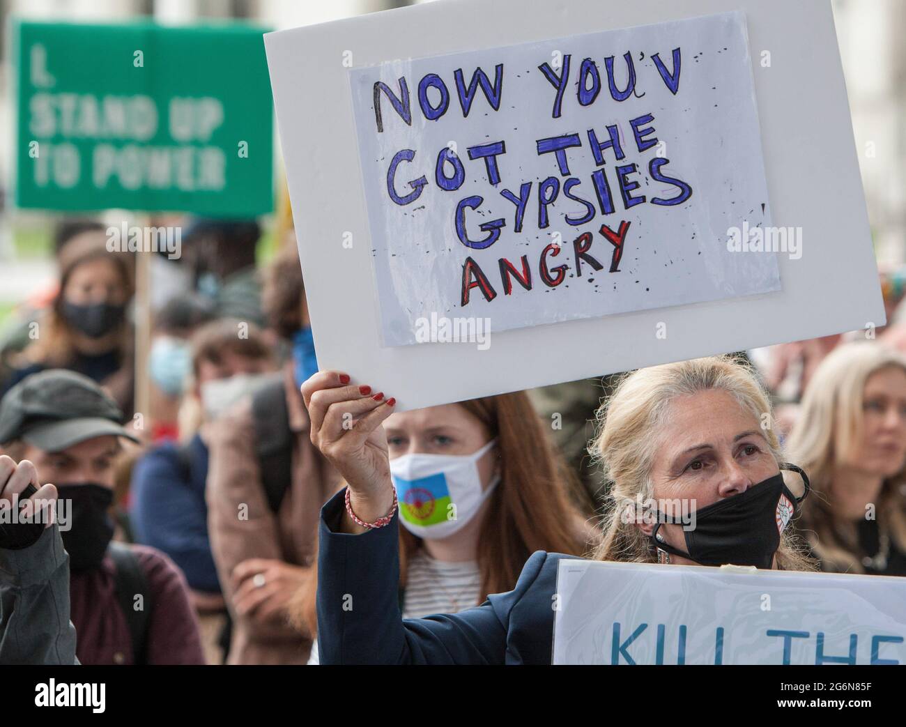 London, UK. 7th July 2021. A protester holds a placard during the ...