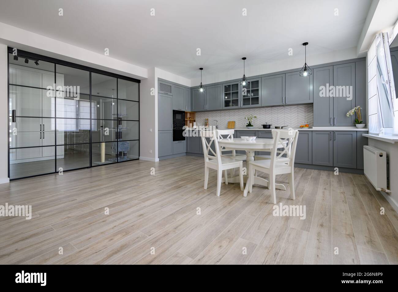 Image showcasing Trendy grey and white modern kitchen furniture in studio apartment ...