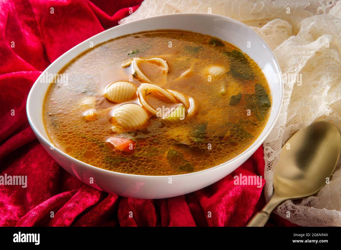 Conchiglie pasta vegan chicken noodle soup without meat Stock Photo Alamy