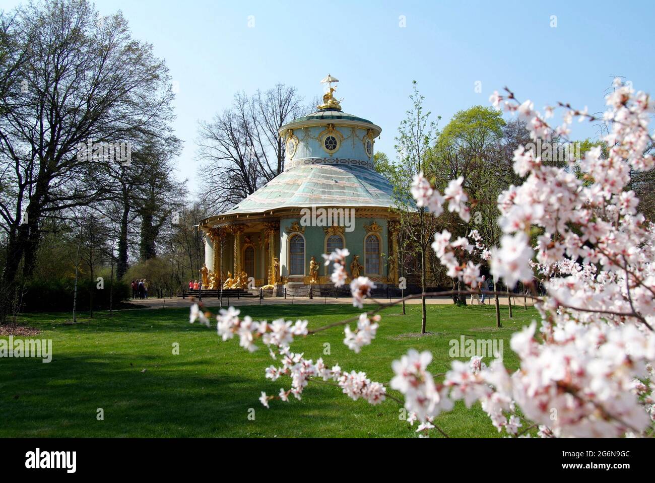 Chinese Teahouse in the Park Sanssouci with spring blossoms Stock Photo