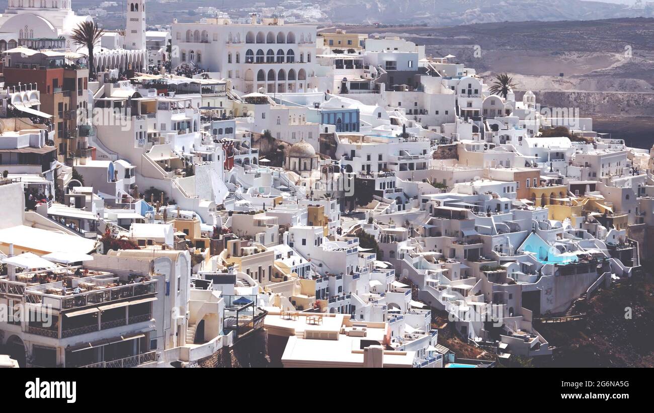 View of Oia or Ia village in the South Aegean on the islands of Thira Santorini and Therasia, in the Cyclades, Greece. Stock Photo