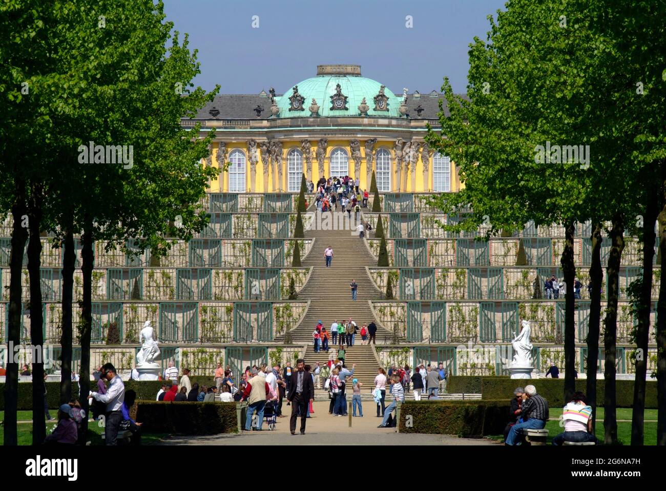 View to Sanssouci Palace and vineyard with tourists Stock Photo