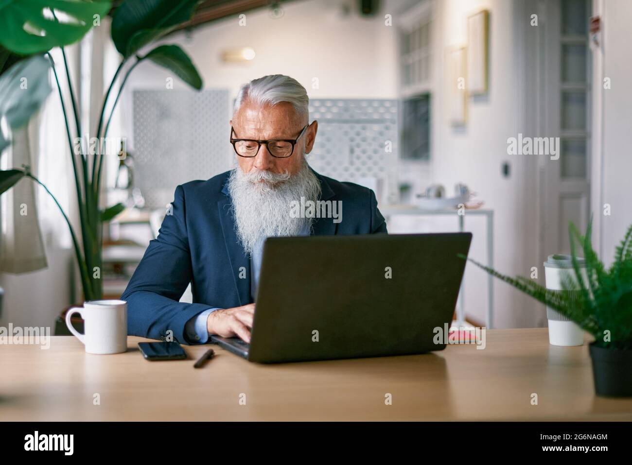 Senior business hipster man using laptop computer inside modern office - Focus on face Stock Photo