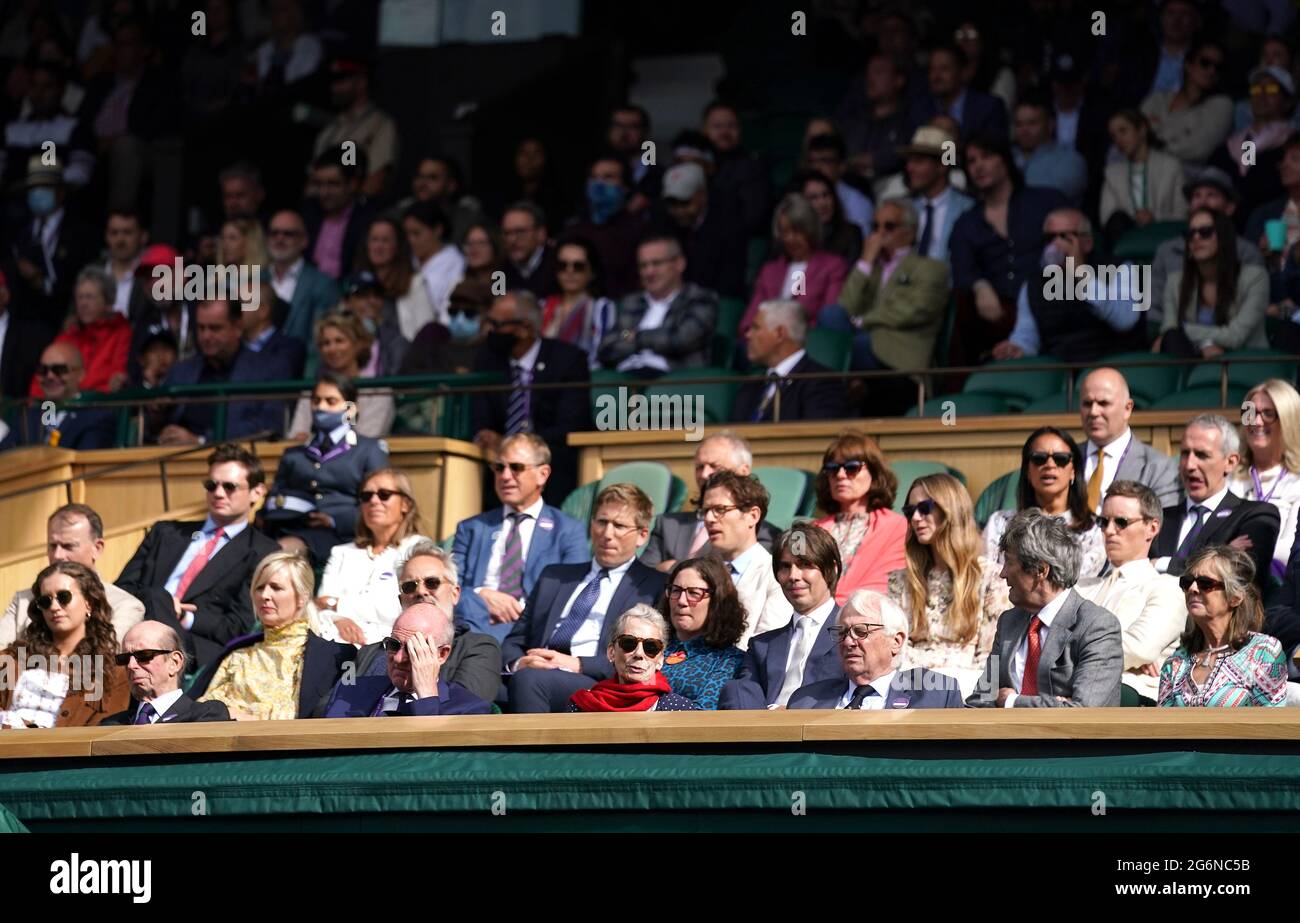(left to right) Andrew Marr, The Duke of Kent, Alison Balsom, Sam Mendes, Sam Stockley, James Norton, Brian Cox, Chancellor of the University of Oxford Chris Patten, Hannah Bagshawe, Anne Keothavong, Melvyn Bragg, Eddie Redmayne, and Gabriel Clare-Hunt in the royal box on centre court on day nine of Wimbledon at The All England Lawn Tennis and Croquet Club, Wimbledon. Picture date: Wednesday July 7, 2021. Stock Photo