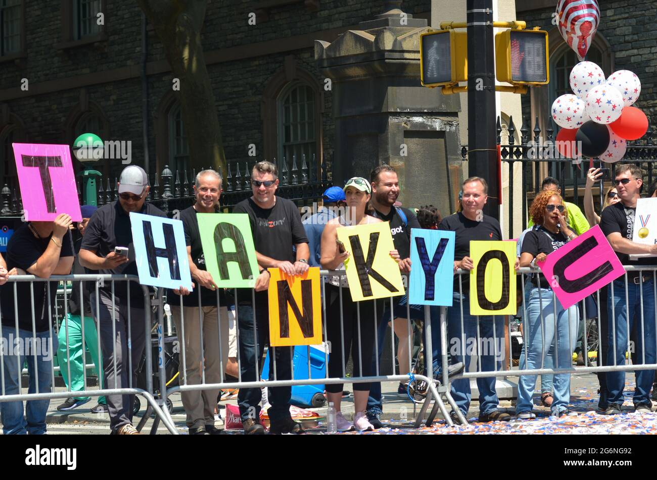 Thousands joined in Lower Manhattan, New York City during the Hometown Heroes Parade to show the gratitude and respect for the essential workers. Stock Photo