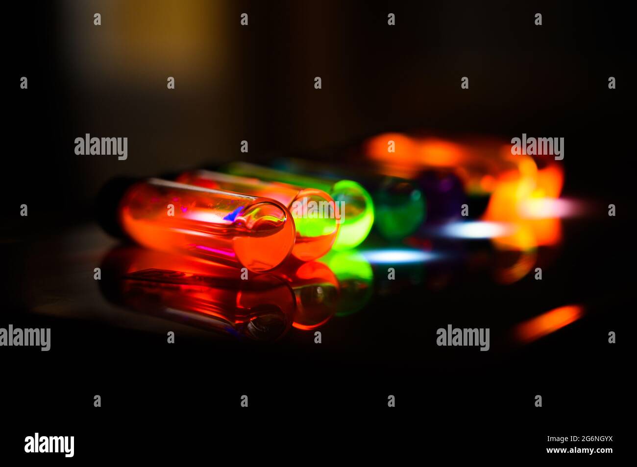 Multiple colorful reagent glass vial in an organic chemistry laboratory