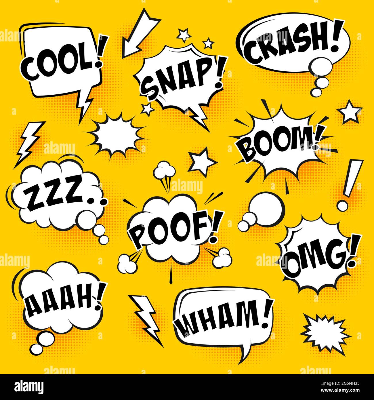Comic speech bubbles with halftone shadows and text on yellow ...