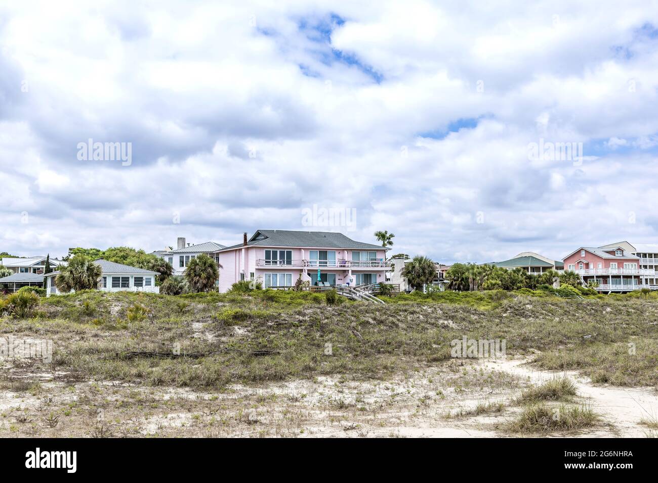 A row of beach houses and homes on the shores of Tybee Island, Georgia Stock Photo