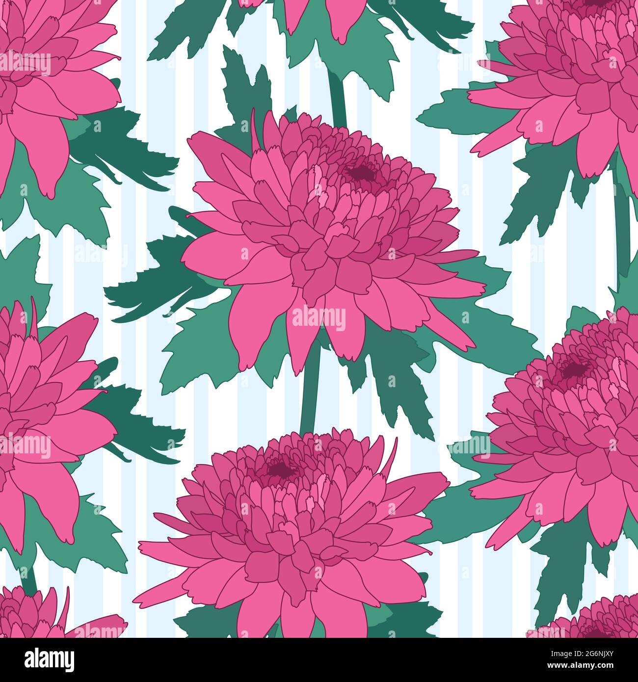 Seamless decorative pattern with pink chrysanthemum and stripes. Crown daisy repeated background. Vector Stock Vector