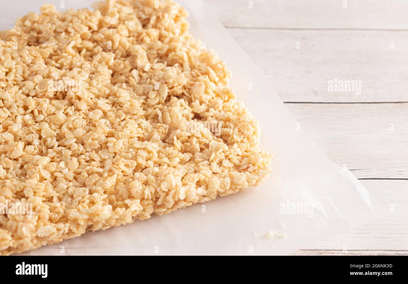 A Sheet of Uncut Marshmallow Crispy Rice Cereal Treat Bars Stock Photo