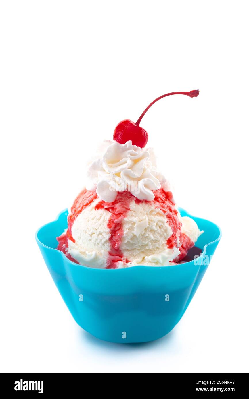 Vanilla Ice Cream Sundae with Strawberry Sauce Whipped Cream and a Cherry  On Top Stock Photo - Alamy